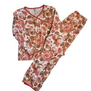 Garnet Hill Asian Wrap Pajama Set, Vintage Palm Floral Long Sleeve sz Medium